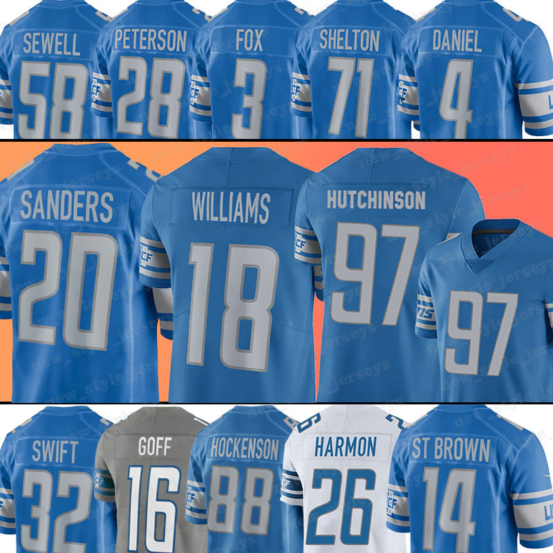 

97 Aidan Hutchinson Football Jerseys Detroit''Lions''18 Jameson Williams TJ Hockenson Jared Goff Barry Sanders Penei Sewell D'Andre Swift Ragnow, Men(xiong shi)