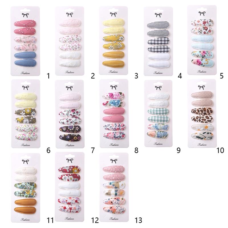 

Hair Accessories 6Pcs/Set Kids Baby Girls Waterdrop Shape Small Clips Sweet Floral Print Cloth Covered Metal Snap Barrettes Hairpins HairHai, Set a16
