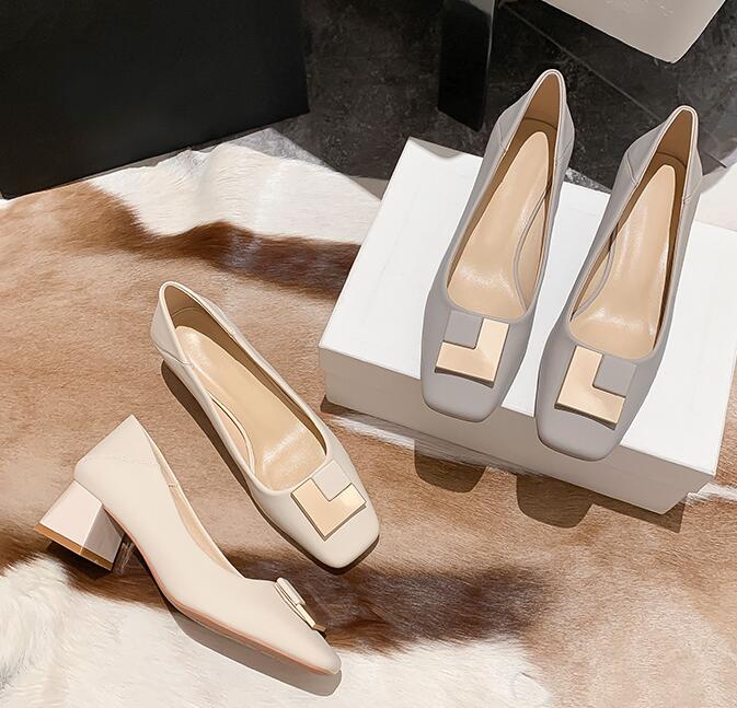 

Top Grade women dress work shoes Loafers comfortable gravida genuine leather chunky heel 5 cm square toe luxury Fashion Party brand single shoes plus size 35-40, Beige
