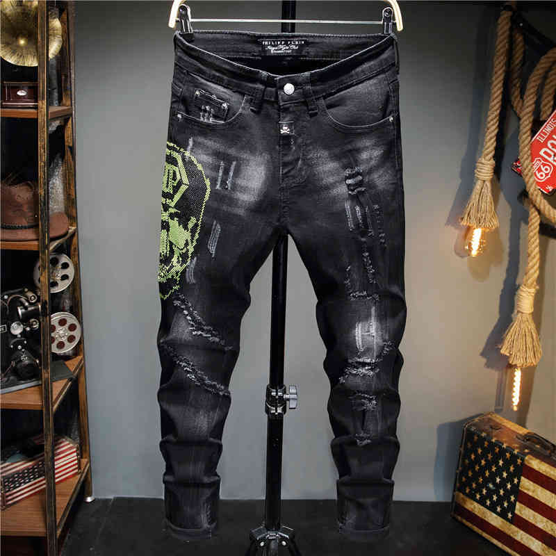 

Philipp fashion brand men's green hot drill hole grinding white black jeans punk style