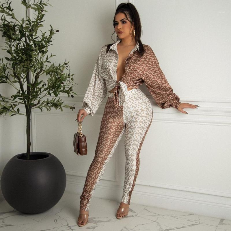 

Women' Two Piece Pants EWSFV 2022 Autumn And Winter Fashion Print Sexy Temperament Stitching Shirt Long Women Set, White brown