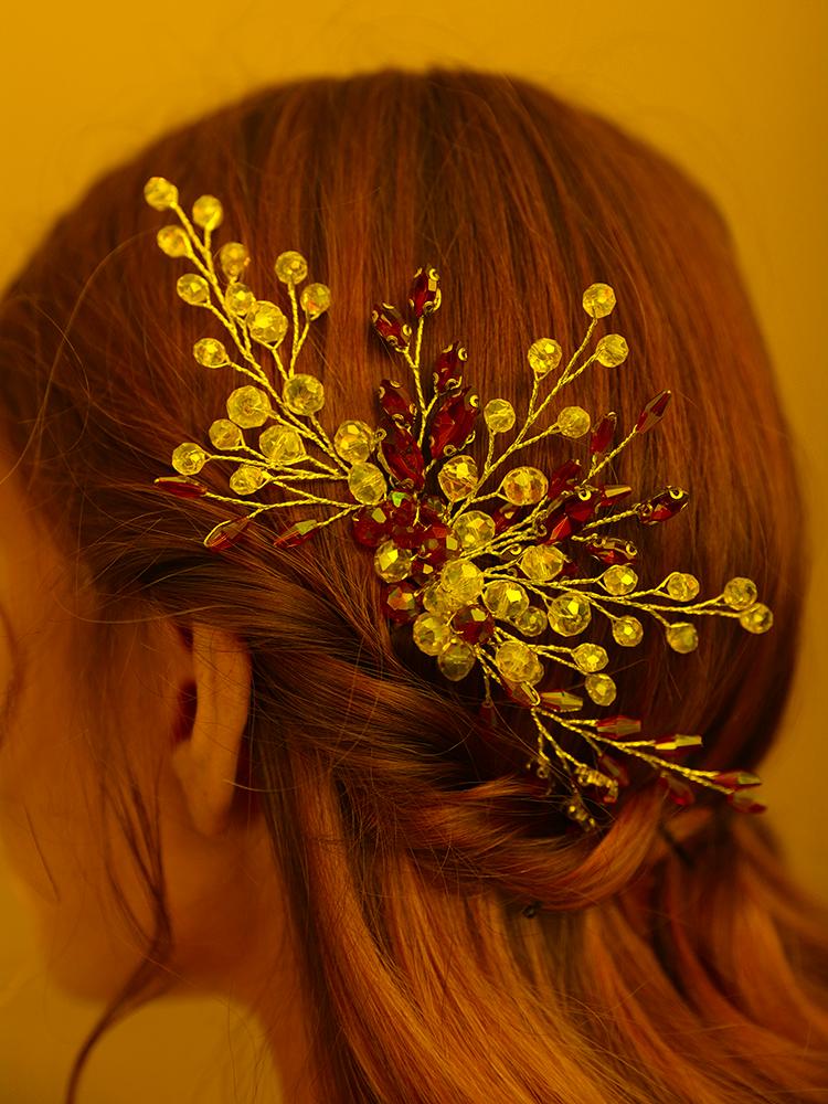 

Headpieces Red Crystal Women Hair Comb Bohemian Tiaras Wedding Accessories Handmade Clips For Bride Headdress Bridal JewelryHeadpieces