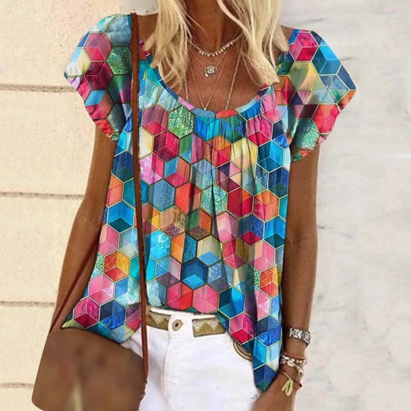 

Women' Blouses & Shirts Fashion Geometric Print Women O Neck Short Sleeve Casual Loose Tee For Vintage Bohemia Lady BlouseWomen' Chee22, Red
