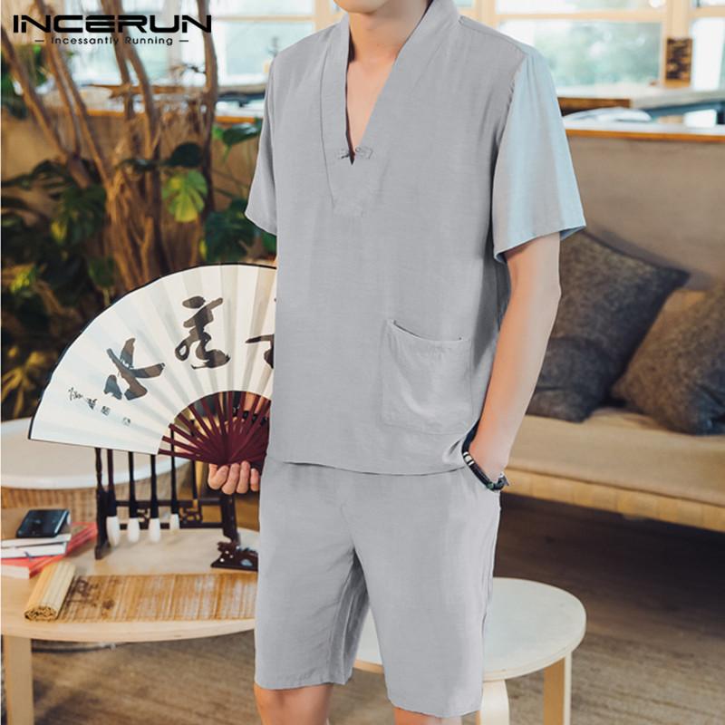 

Men' Tracksuits INCERUN Mens Loose Solid Color Pockets Sets Summer Suits Leisure Short Sleeve V Neck Blouse Drawstring Shorts Vintage -5XL, Black