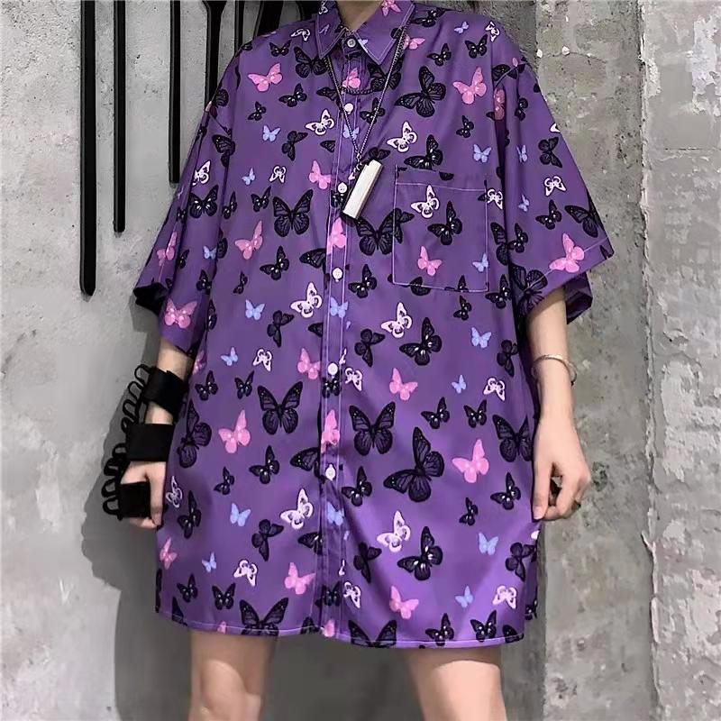 

Men's Casual Shirts Butterfly Print High Street Mens Gothic Oversized Punk Short Sleeve Hawaii Shirt Women Korean Fashion Beach Button Shirt, Color 4