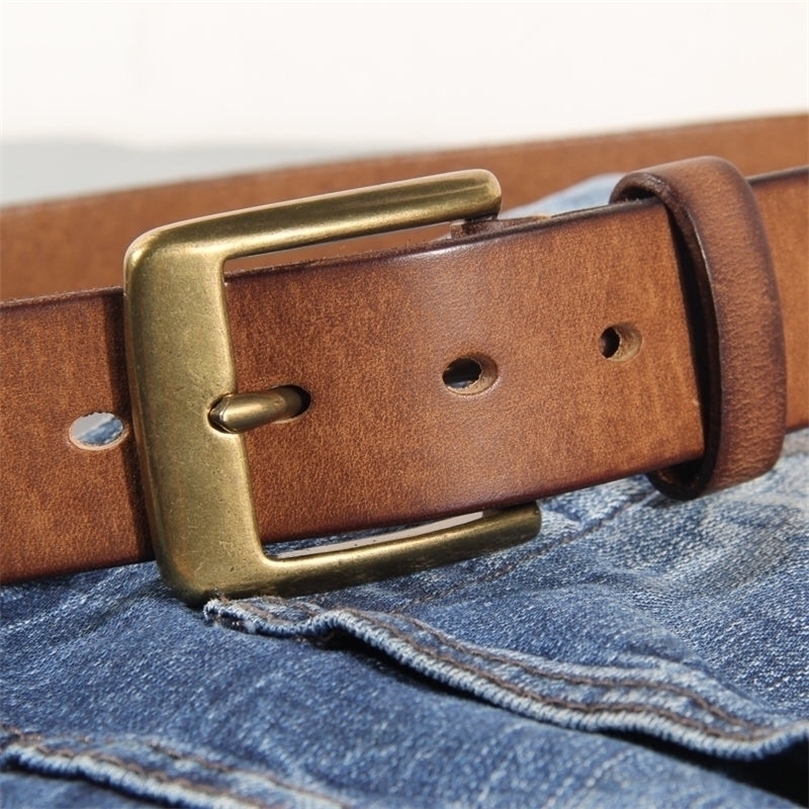 

Vintage Luxury Handmade Leather Copper Buckle Mans Belt Cinturon Gotico Cowhide Retro Allmatch Casual Jeans Soft Belt ABC 220811, Black