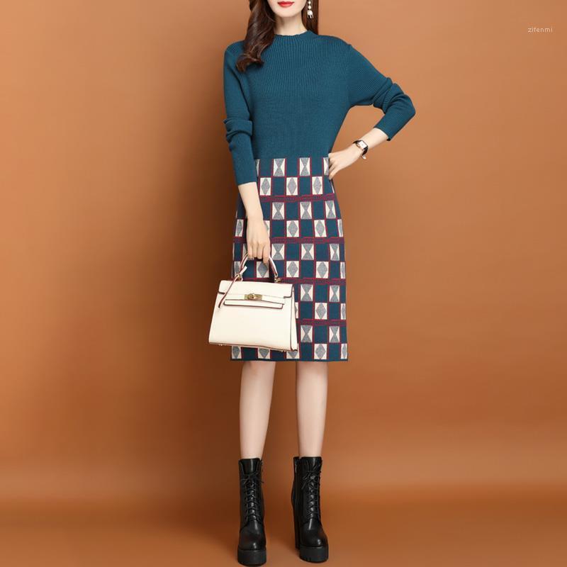 

Casual Dresses Stand Collar Sweater Dress For Women Autumn Plaid Patchwork High Waist Bodycon Slim Basic Bottom Knitting Female, Black
