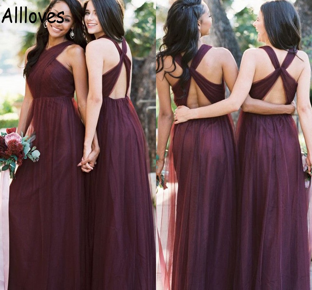 

Burgundy A Line Tulle Convertible Bridesmaid Dresses Long Halter Floor Length Maid Of Honor Gowns Empire Waist Garden Wedding Guest Evening Prom Dress CL0276
