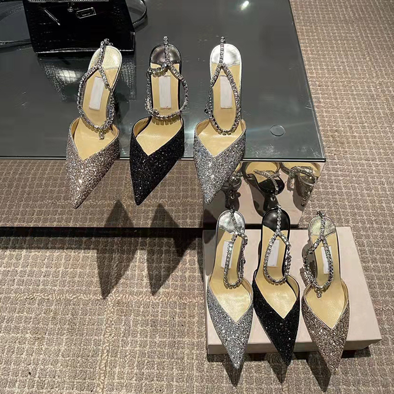 Sandales de luxe à talons hauts avec strass scintillants, chaussures d'été de styliste en Satin pour femmes, chaussures de fête pour Banquet