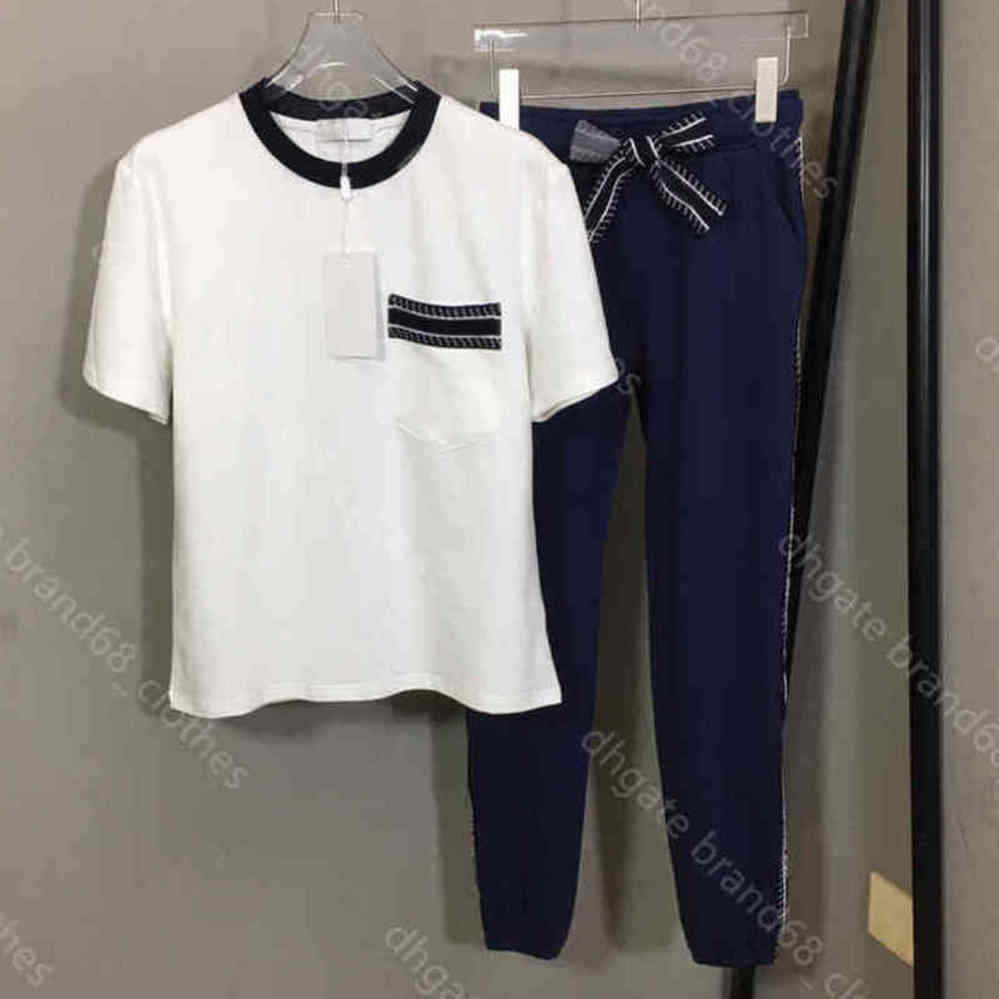 

22ss designer women casual tracksuit luxury t-shirt pants two piece suit crew neck cotton t shirt drawstring bow sweatpants 5A d..r brand logo female Apparel wholesale