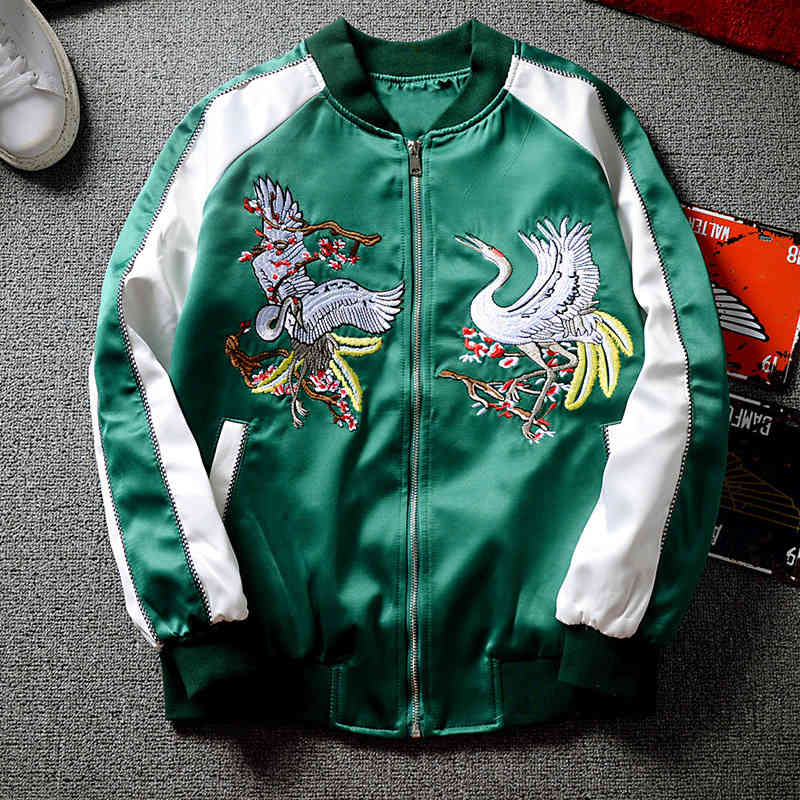 

Spring and Autumn Men Women Couple Short Jackets Yokosuka Ancient Crane Embroidered Baseball Jacket, Black