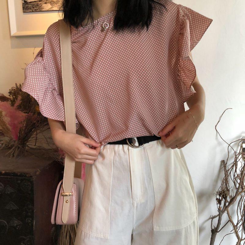 

Women's Blouses & Shirts Women Summer Tops Polka Dot Bow Tie Lace Shirt Short Sleeve Chiffon Ladies 2022, White