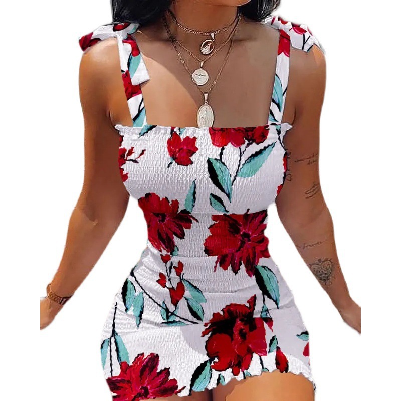 

Women' Bodycon Dress Sling Strapless Mini Slim Pencil Print Tank Dresses, Red flower