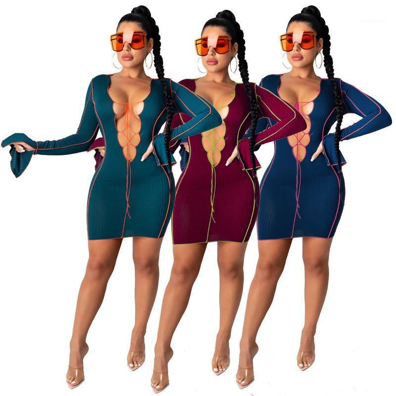 

Casual Dresses 2022 Fashion Women Party Night Club Wear Green Rib Knit Long Sleeve Bodycon Mini Dress Sexy Deep V Bandage