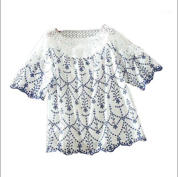 

Women's Blouses & Shirts Spring Summer Short Sleeve Hollow Out Lace Embroidery Vintage Shirt Female Casual Loose Cotton Tops O-neck Blouse T, White