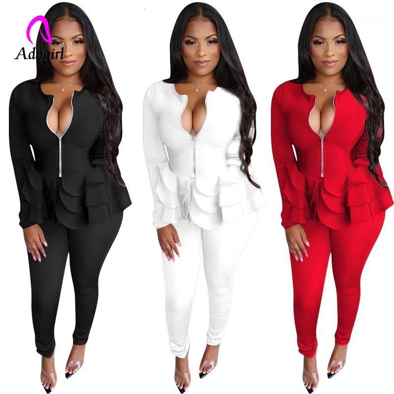 

White Women 2 Pcs Set Autumn Winter O-Neck Zipper Full Sleeve Ruffles Top Pant Suit Two Piece Casual Sporty Overalls Outfits