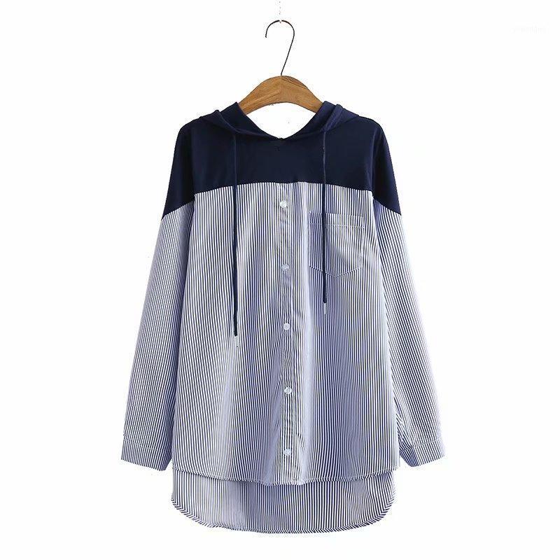 

Plus Size Hooded Patchwork Women Loose Cotton Shirts 2022 Spring Autumn Casual Ladies Blouse Female Tops Gray Sky Blue Women's Blouses &