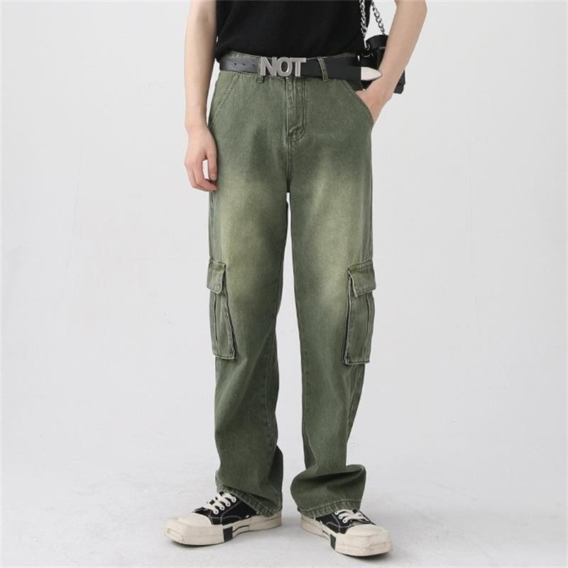 

Men' Jeans Men' Four Seasons Mid-Waist Straight Washed And Old Big Pocket Casual PantsMen, Green