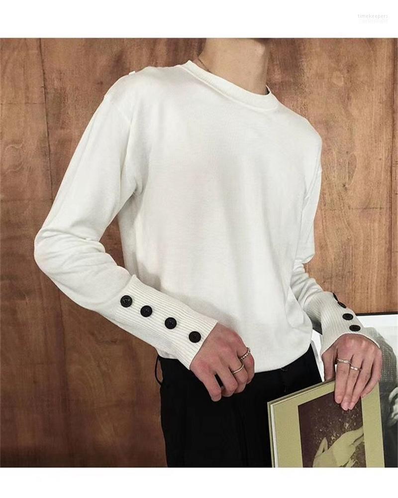 

Button Design Brand Men's Pullover Sweater Fashion Bottoming Shirt Striped Knit Top Sports Sweaters Time22, As shown asian size