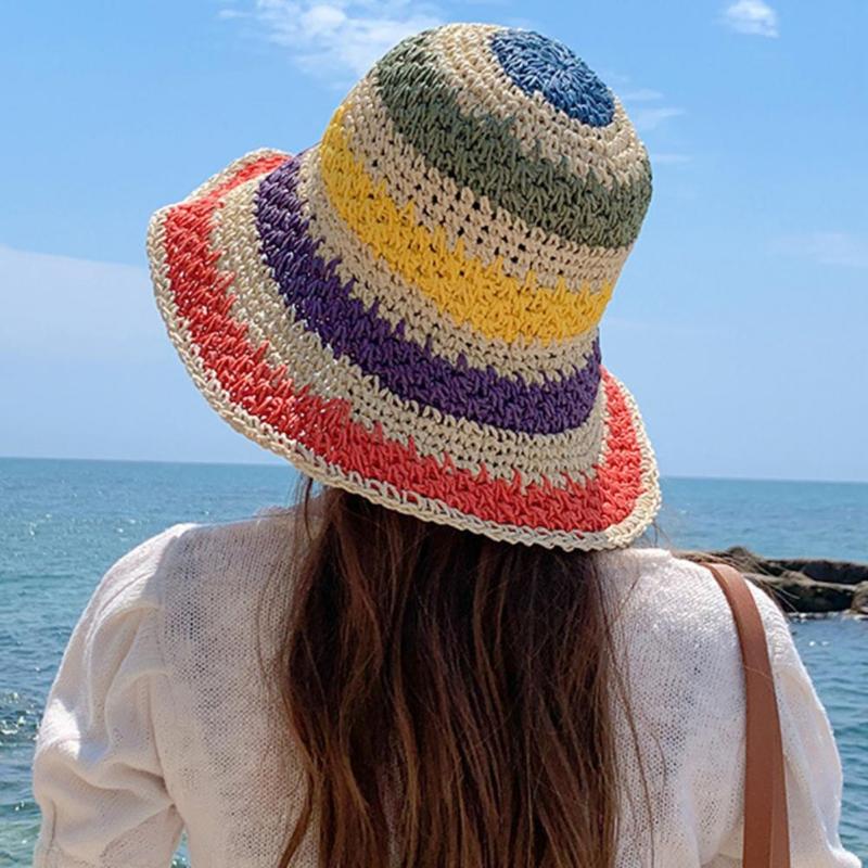 

Visors Women Sun Hat All Match Basin Straw Contrast Color Terrific Rainbow Colors Bucket HatVisors, Khaki