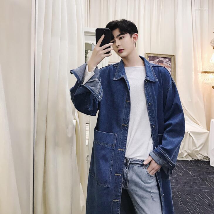 

Men's Trench Coats Mens Man Long Coat Men Denim Clothes Pure Color Vintage Washing Overcoat Sleeve 2022 Autumn Designer BlueMen's Viol22, Black