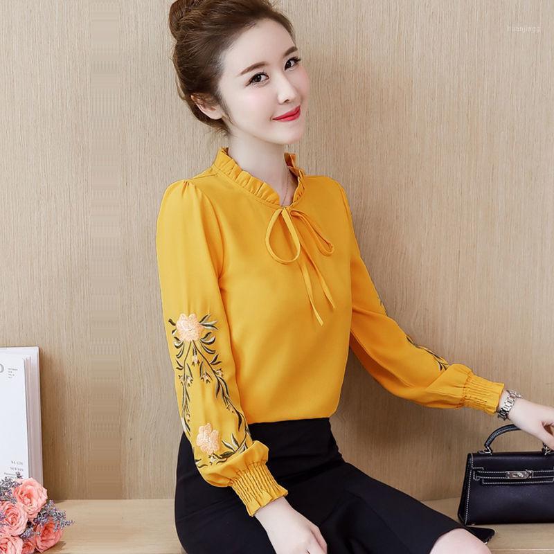 

Women' Blouses & Shirts Women Blouse Embroidered Shirt Long Sleeve 2022 Spring Loose Top Chiffon Blusas Ropa De Mujer, Black