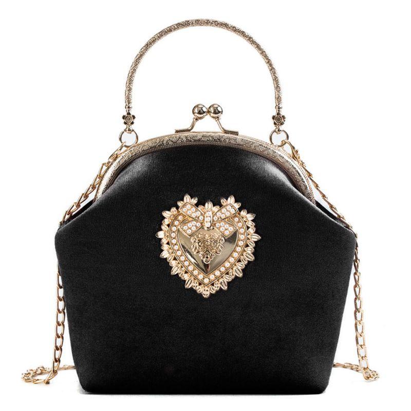

Evening Bags Women Velvet Handbag Vintage Heart Design Bag Wedding Party Bride Clutch Shoulder Purse, Black
