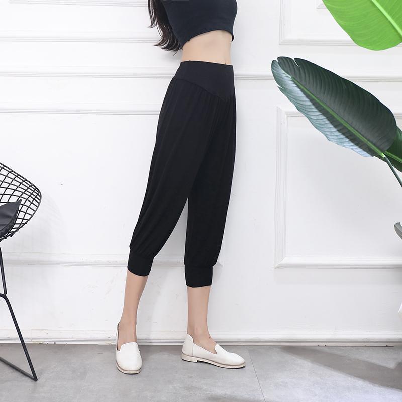 

Women Elastic Waist Shorts Cotton Cropped Pants Casual High Waist Solid Sports Loose Trousers Summer Knee-Length Bottoms Yoga Pant Streetwear, Black