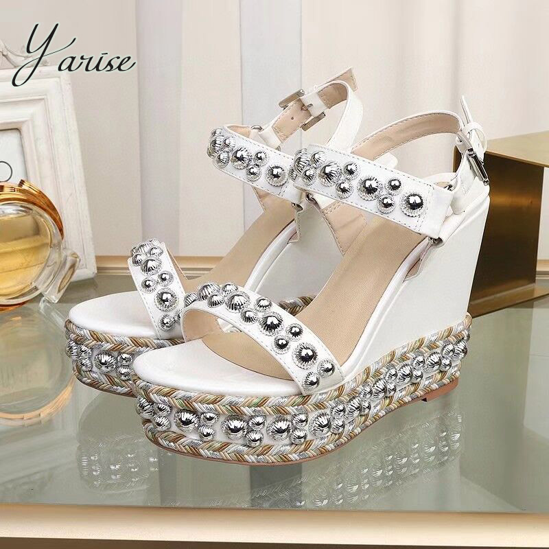 

Women Wedge Sandals Genuine Leather Bohemia Design Platform Ankle Strap Peep Toe Summer High Heels Shoes Ladies Riveting Pearl Casual Sandal Dust bag 33color H01, Extra shipping cost