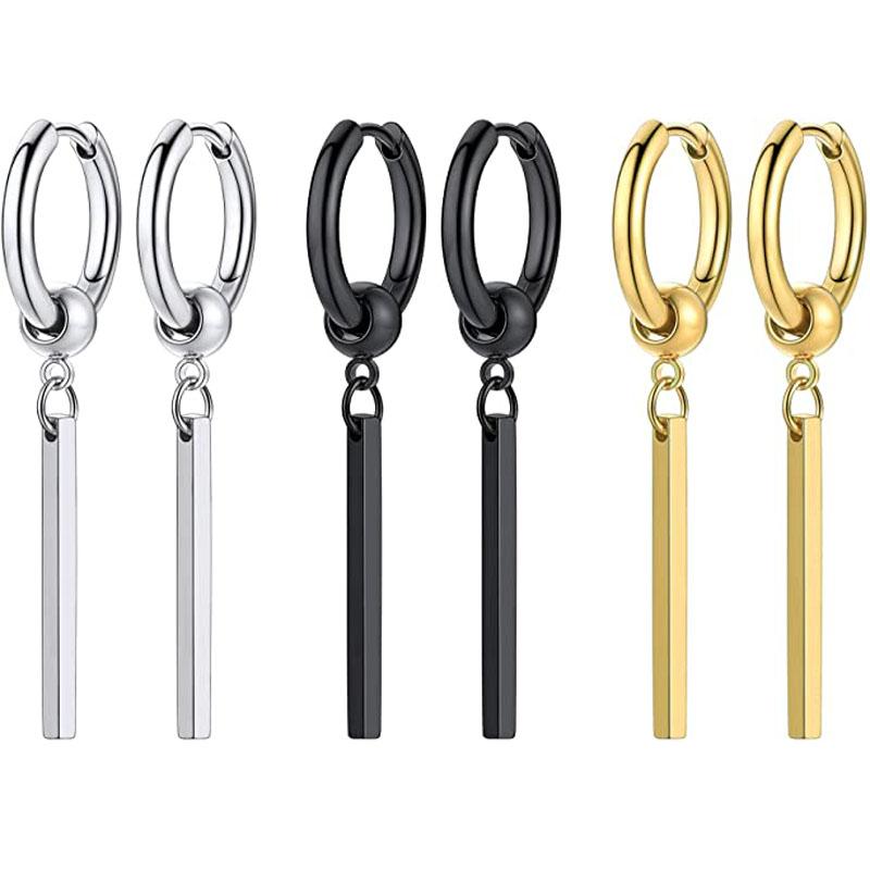 

Hoop & Huggie Pairs Men's Women's Earrings Punk Black Gold Stainless Steel Hyposensitive Square Bar Drop EarringsHoop