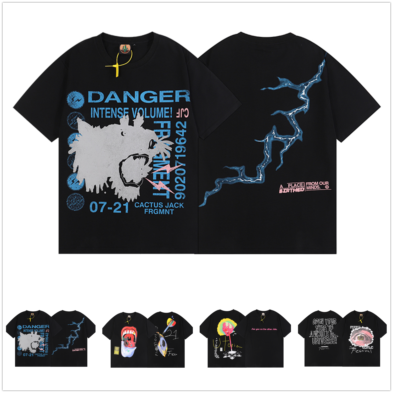 

men travis t shirt women T shirts Quality pad dyed foam lightning print music festival short sleeve washed high street co-branded hip hop pop tee C04, Button