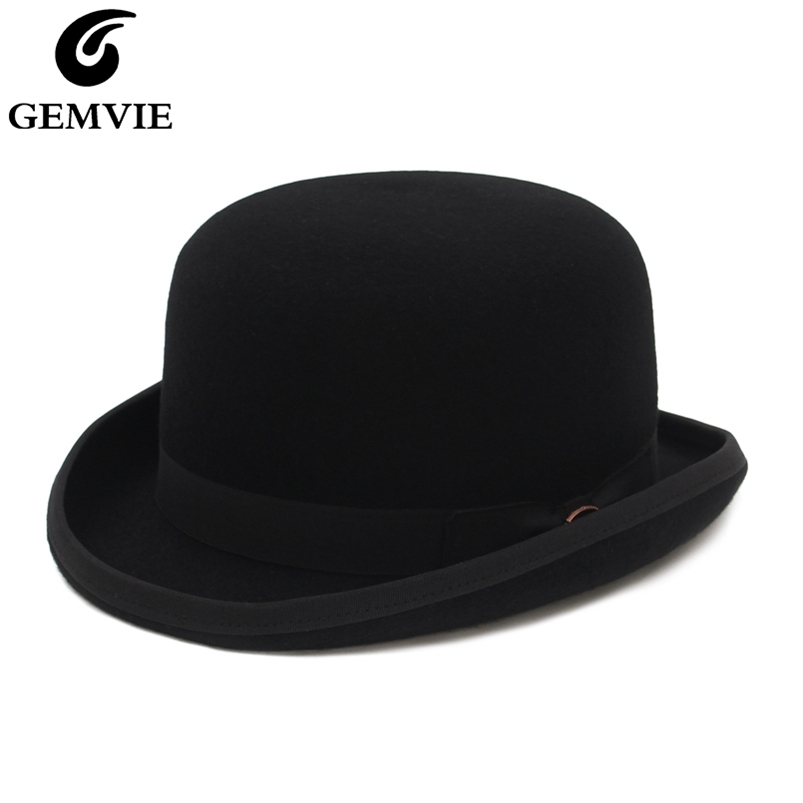 

GEMVIE 4 Colors 100% Wool Felt Derby Bowler Hat For Men Women Satin Lined Fashion Party Formal Fedora Costume Magician Hat 220507, Black