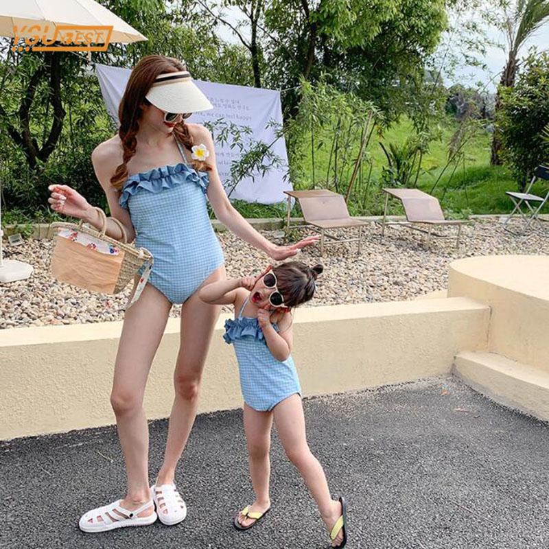 

Family Matching Outfits Swimsuit Mother And Daughter Grid Clothes Summer Clothing SwimsuitFamily, 2030100 beige