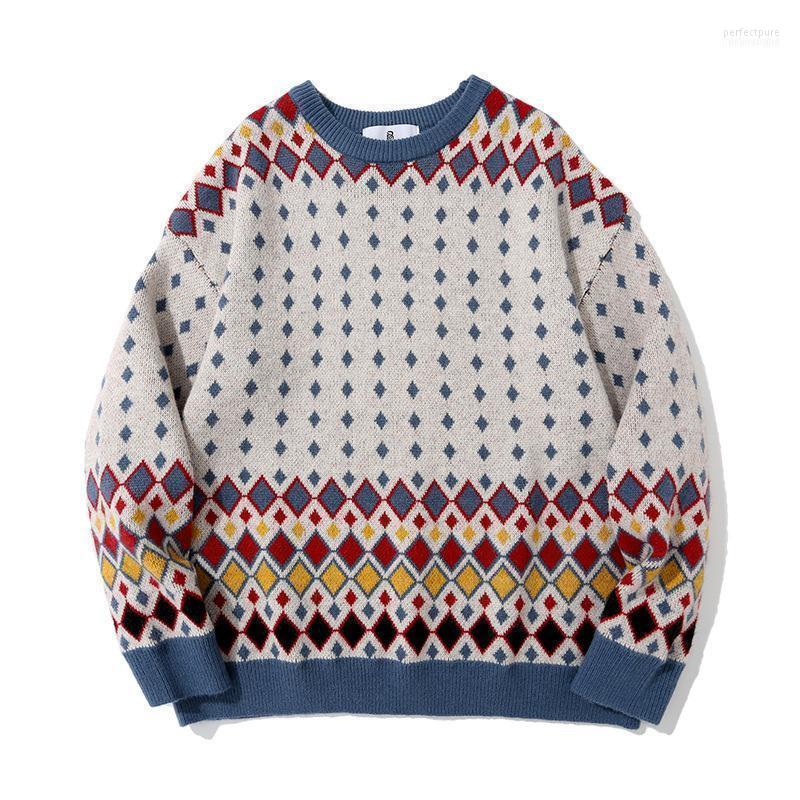 

Men' Sweaters 2022 Autumn Rhombus Jacquard Pullover High Street Sweater Teenagers Long Sleeve Loose Crew Neck Casual Perf22, Color matching