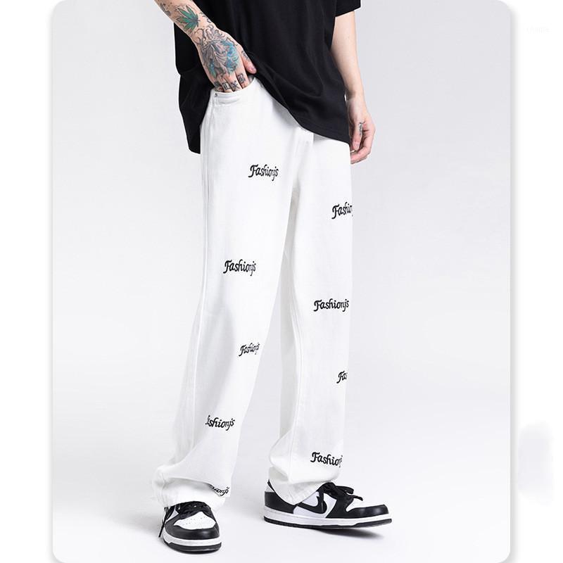 

Men's Jeans Men White Letters Embroidery Hip Hop Baggy Straight Casual Trousers Trendy High Street Splash Ink Denim Pants Bottoms, Black