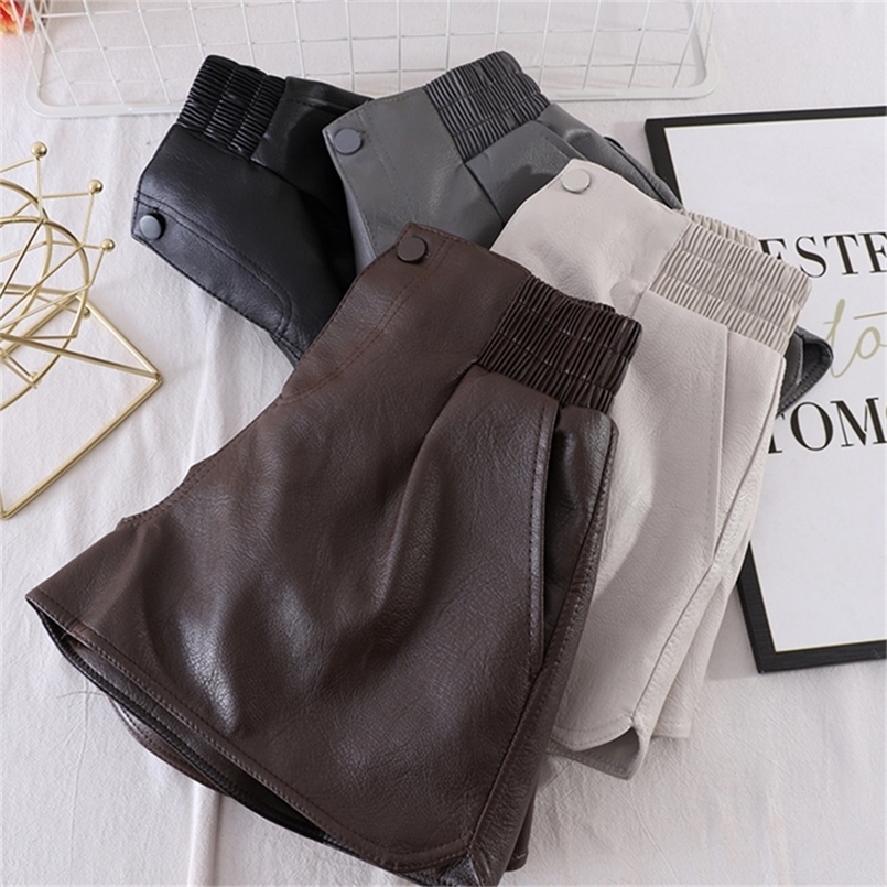 

High Waist PU Leather Shorts Women Zipper Button Wide Leg Shorts Punk Style Autumn Winter Casual Loose Short Feminino 220419, Black