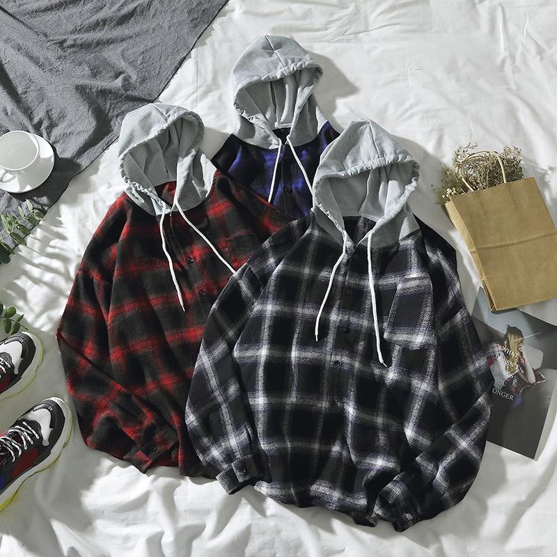 

Hooded Shirt Men's Plaid Shirts Casual Loose Long-sleeved For Mens Fashion Clothing Trends, Black