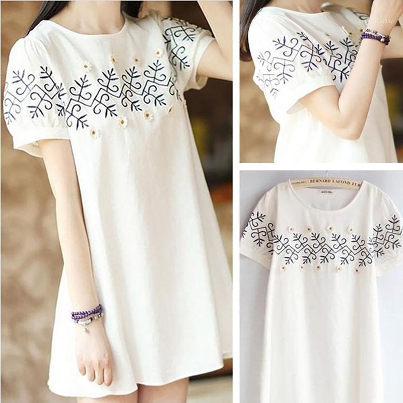 

Casual Dresses 2022 Women Elegants Women's Fashion Short Sleeve Embroidery O-neck Flower White Dress Ladies Plus Size Mini