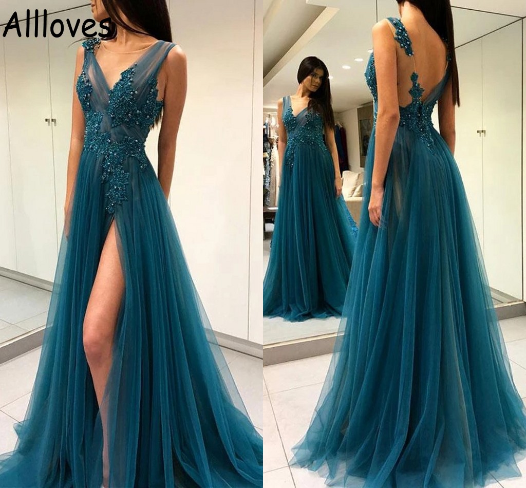 

Teal Green V Neck Backless Evening Dresses Sequins Beaded Lace Appliques A Line Tulle Prom Gowns Sexy High Split Vestidos De Festa Formal Party Occasion Wear CL0574, Coral