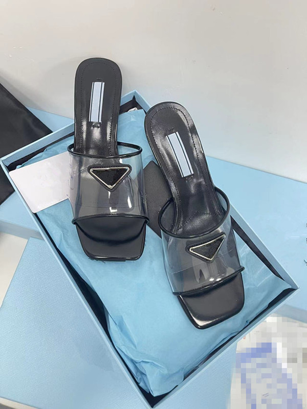 

Women stiletto Sandals Transparent PVC High Heels Summer Enameled Triangle Slipper Letter Print Plexiglas Slippers Brushed leather Sandal SIZE 35-42 0609, 01