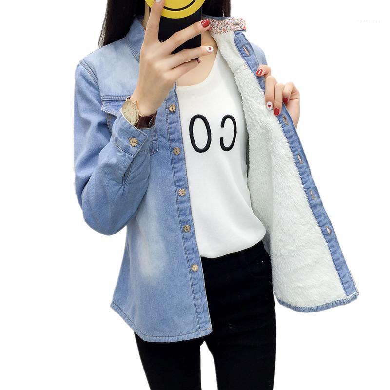 

Winter Warm Velvet Denim Shirt Female Fleece Thicken Long-sleeved Blouse Women Thermal Outerwear Jeans Tops For Girls Women' Blouses & Shir, Blue