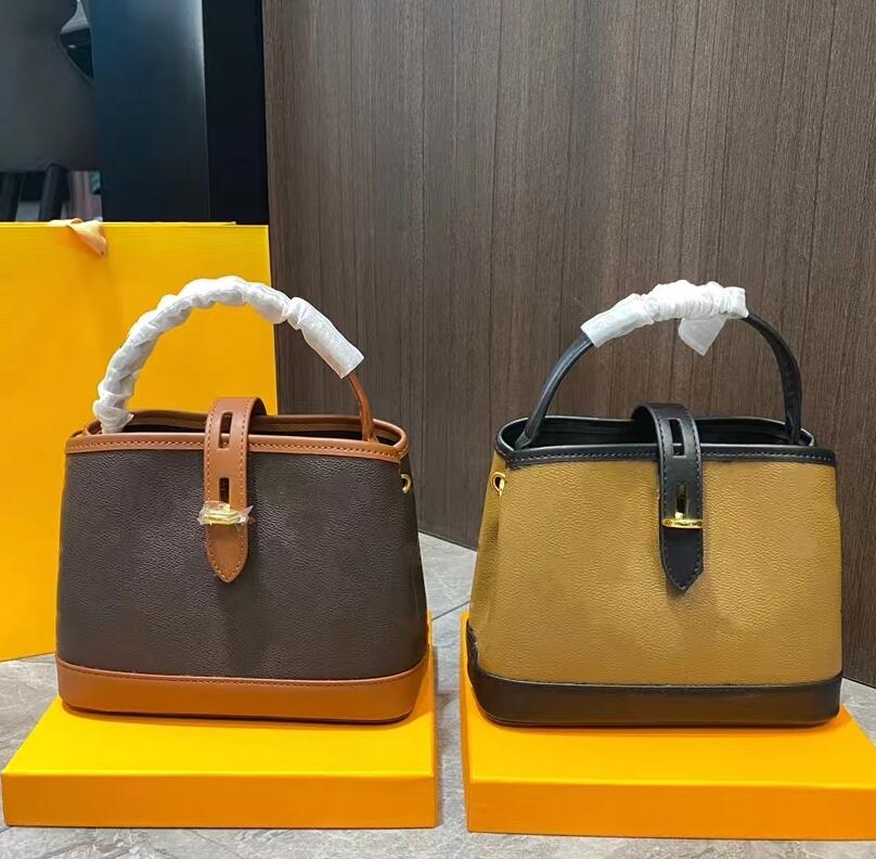 

Designer Brand New Style Retro Bucket Bag Totes Luxury Fashion Women Handbag High Quality Old Flower Printing Leather Shoulder Bags Wallet, Yellow flower