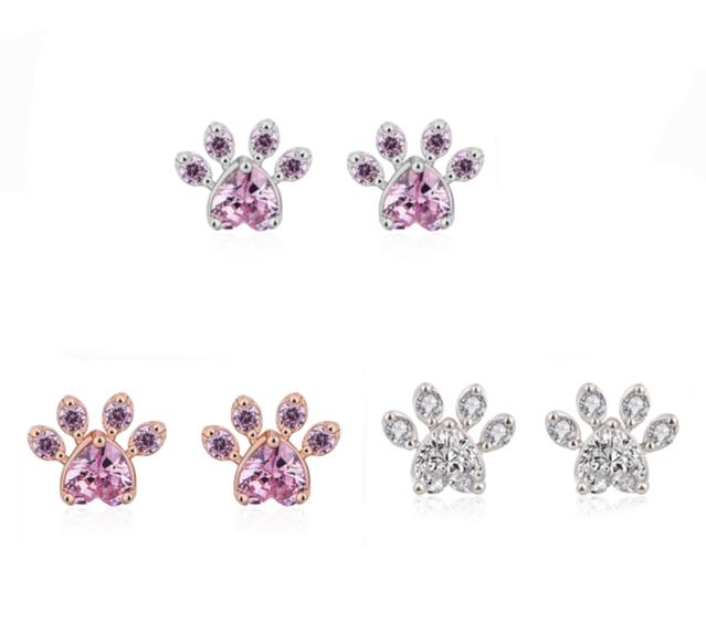 

Silver Stud Earring Cute Heart Cat Paw White Zircon Stud Earrings For Women Animal Footprint Crystal Stone Earrings Wedding Jewelry