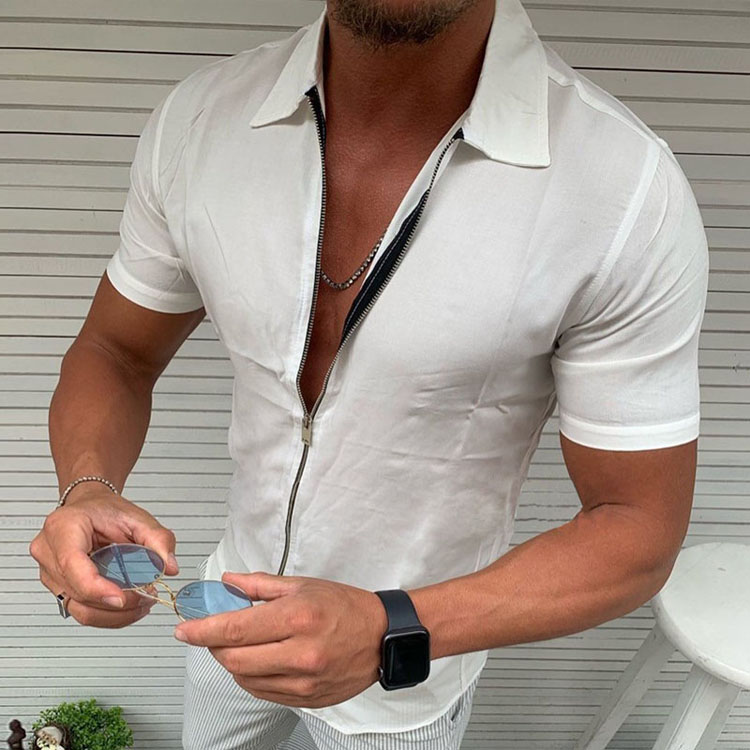 Zipper Closure Solid Shirts Big size 3XL Chemisier Short Sleeve Summer Daily Wear Camicetta Shirt Loose Fit Polyester Blusa Pattern Man Clothes Blou