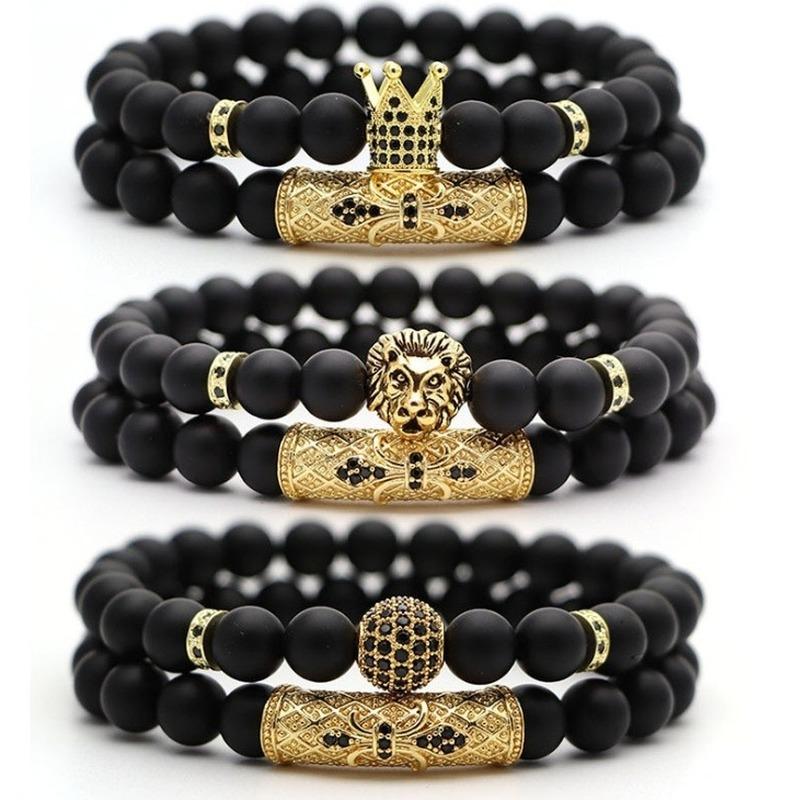 

Beaded Strands Fashion Natural Stone Bead Bracelet Little Lion Crown And Ball Creative Men's Hip Hop JewelryBeaded