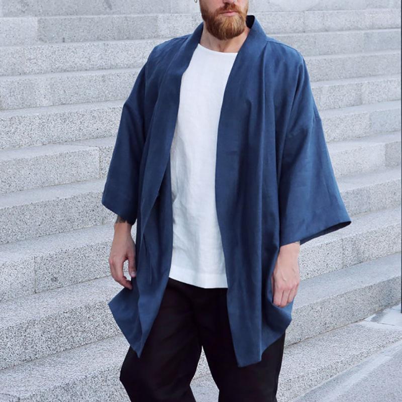 

Men' Trench Coats Men Clothing 2022 Spring Summer European American Casual Linen Blue Loose Coat Kend22