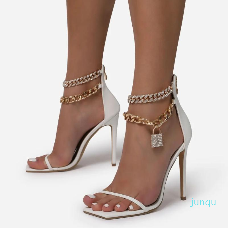 

2022-Sandals Women Sandals12.5cm Thin High Heels Platform Sandles Designer Metal Chain Strap Lady Feitsh Gladiator Crystal Nude Shoes, Black