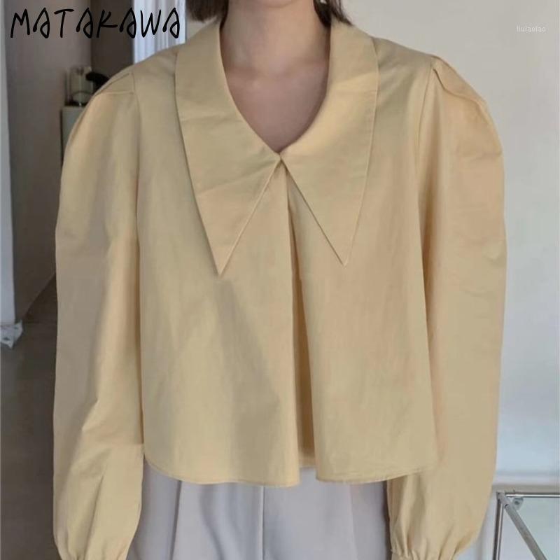 

Women's Blouses & Shirts MATAKAWA Cute Turn-down Collar Blouse Retro Puff Sleeve Spring Fashion Women Office Lady Short Baby Blusas Mujer De, Black