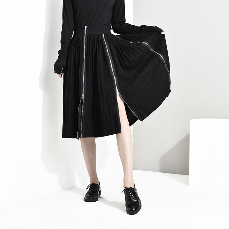 

EAM Spring Summer High Waist Balck Hem Zipper Split Joint Irregular Halfbody Skirt Women Fashion JO2760 Y200326, Black