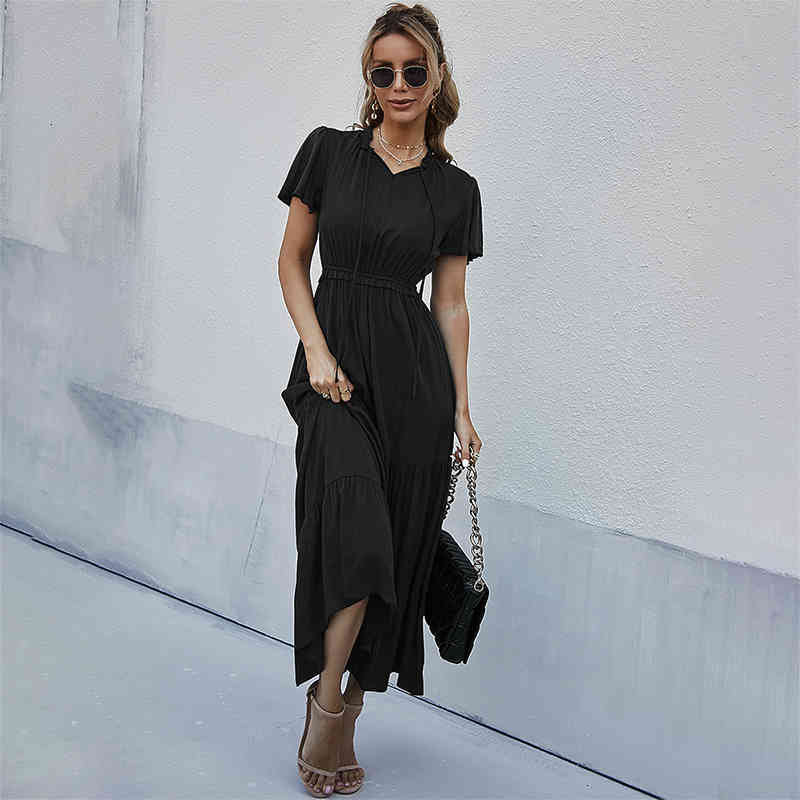 Casual Dresses Summer Long Dress Women Casual Ruffle Lace-up Big Hem Holiday Beach Dress Black Elegant Short Sleeve Party Maxi Dress 2022 1DTV-image-762595123